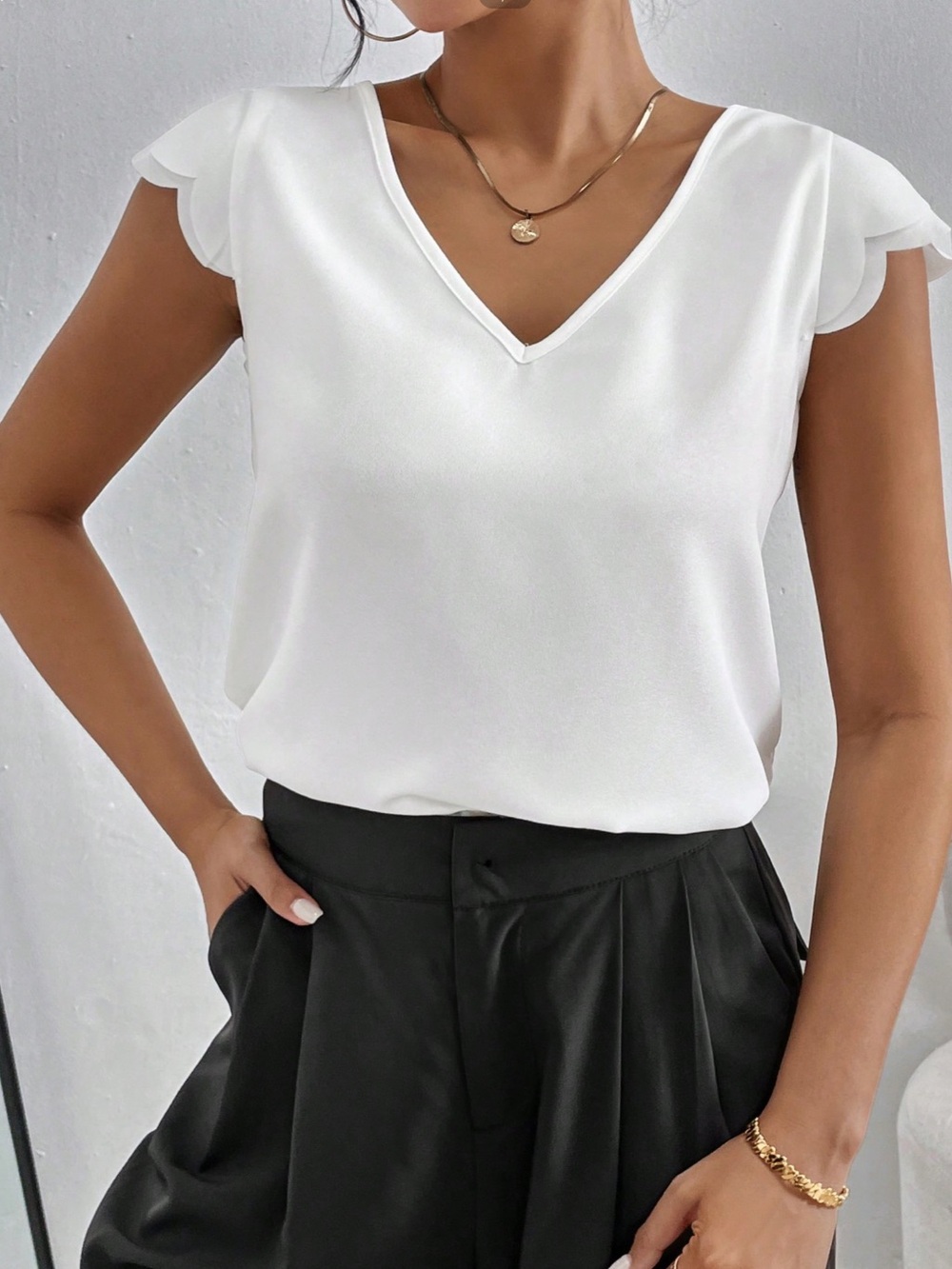 SHEIN White V-Neck Scallop Sleeve Blouse